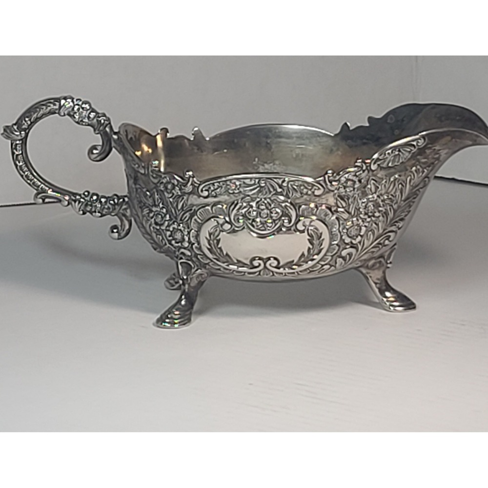 Vintage Ornate Silver Plate Gravy Boat Floral Repousse Footed Sauce Server